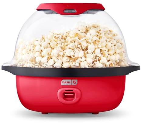 Dash SmartStore Deluxe Stirring Popcorn Maker - Hot Oil Electric Popcorn Popper with Butter-Warming Tray, Clear Serving Bowl, Storage Lid & Measuring Cup - 24 Cups, Red