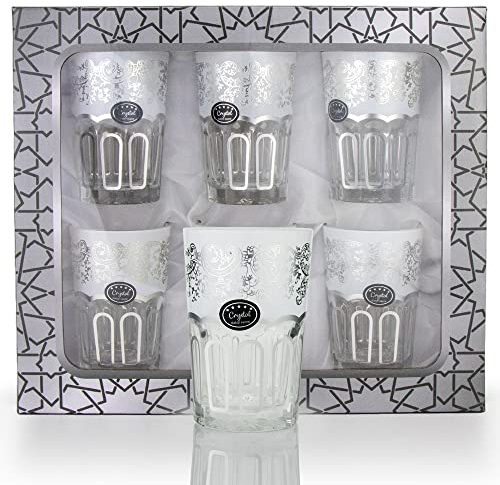 Juego de 6 vasos de té marroquí de primera calidad, color plateado y blanco, aptos para lavavajillas