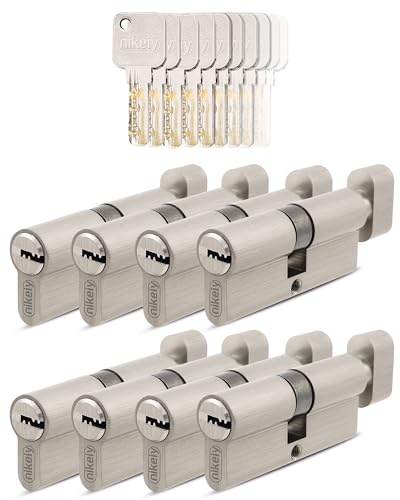 GERCAR Pro 8 cilindros 30/30 de cierre uniforme, juego de 8 cilindros de cierre con pomo y 40 llaves, cerradura de 60 mm, 8 cilindros – Longitud: 60 mm, A: 30 B: 30 – Latón mate macizo