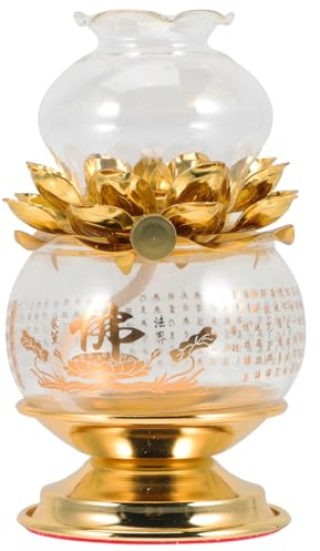 Veemoon Lotus Buddha Oil Lamp Buddhist Butter Oil Lamp Glass Religion Light Temple Paraffin Light Buddhist Supply for Indoor Outdoor Home Office Temple Candle Lantern