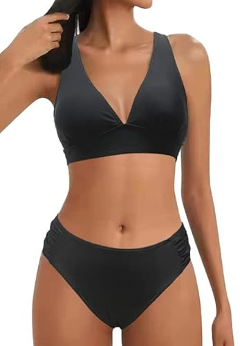 Mujer Traje de Baño de Dos Piezas Push-up Cuello en V Bañador Cintura Media Correas Laterales del Bikini Set Estampado Ropa de Playa Traje de Baño(Negro,M)