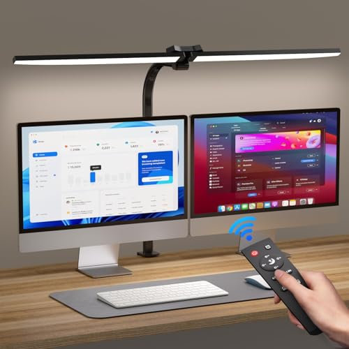 Doppelkopf Schreibtischlampe LED dimmbar,24W 80CM Tageslichtlampe Klemmbar mit Fernbedienung&Timer Funktion,Monitor Lampe mit 5 Farbtemperatur&5 Helligkeit,für Arbeit,Haus,Büro,Schlafsaal,Studie,Lesen