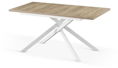 B&D home Esstisch BEA, ausziehbar 120-160 x 80 cm, 4-6 Personen Küchentisch Holztisch mit Kreuzgestell weiß für Küche, Esszimmer, Industrial modern Design, Sandeiche Optik, 11202-XW-EISA-P