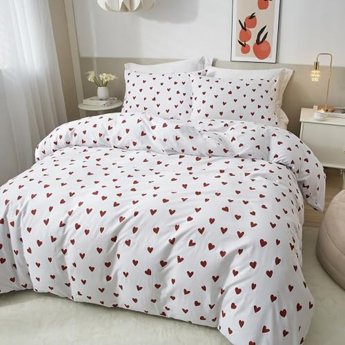 Ruccit - Set copripiumino a cuore rosso matrimoniale 100% cotone bianco, motivo a cuore adorabile, set di biancheria da letto moderno 3 pezzi con chiusura a cerniera e lacci angolari, morbido, facile