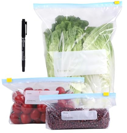 LALAGO 120 pcs Sac Congelation Reutilisable, 3 Tailles Sacs de Rangement Réutilisables, Alimentaire Sac Congelation Zip, Fermeture Étanches pour Conservation Légumes Fruits Viande Poissons et Pain