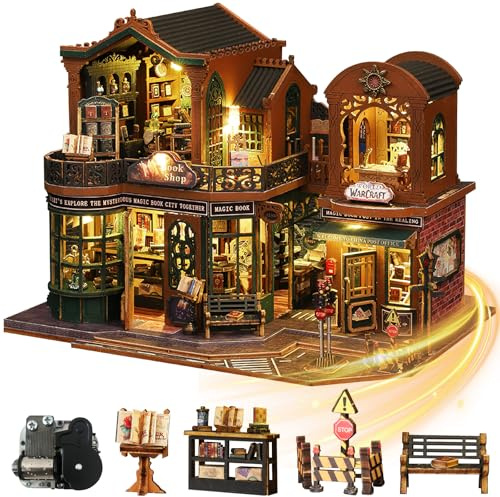 Mostop DIY Miniature Dollhouse Kit, Wooden Dollhouse Kit Miniature House Kit with LED Light and Movements,Creative Room Idea for Kids/Adults Magic House DIY Kits (Twilight BOOK City)
