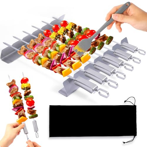 BBQ Edelstahl Grillspieße Set, iulrtba BBQ Edelstahl Grillspieße mit Kabob Rack, Wiederverwendbare Grill Spieße Kebob Sticks mit Bürste für Grillzubehör, mit Aufbewahrungstasche, Set von 10