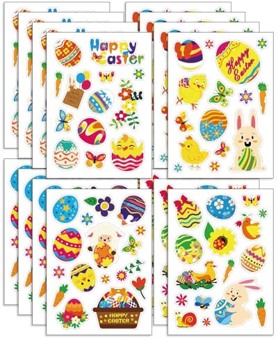 16 Sheets Easter Stickers, Easter Window Stickers, Self-Adhesive Tags Easter Decoration DIY, Easter Eggs, Baskets, Chicks, Flowers, Carrots Craft Stickers for Decorations