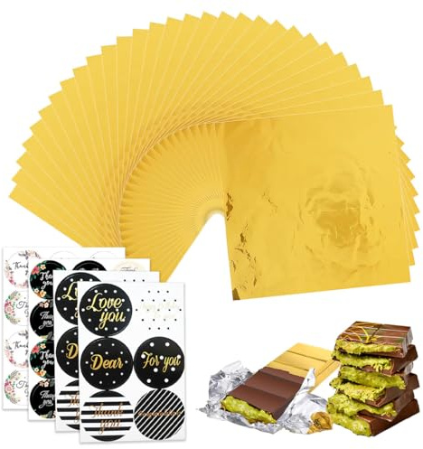 VYIBPDY 100 Pièces grands emballages en feuille d'aluminium dorée pour barre de chocolat de Dubaï avec autocollants, 25 x 30 cm + 4 autocollants