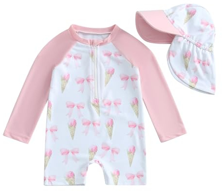 Geagodelia Toddler Baby Girl Swimsuit and Hat Zip Up Long Sleeve All in One Swimming Costume UV Sun Protection Swimwear One Piece Swimming Suit Rash Guard Sunsuit (Ice Cream Light Rose, 6-12 Months)