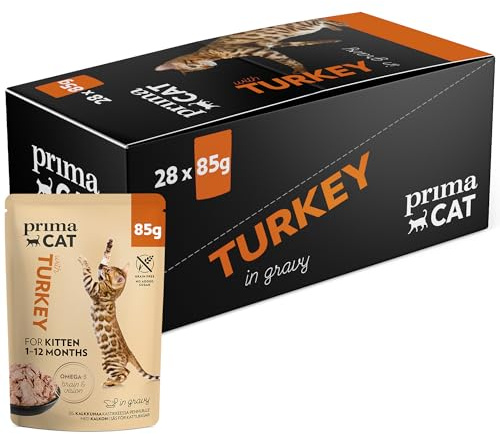 PrimaCat - Nourriture Humide Classique pour Chatons, goût Dinde dans Sauce, Lot de 28 Paquets de 85 g chacun