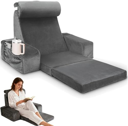 YUCHKEJ Cuscino da Lettura per Letto e Divano, cuscino per schienale letto con poggianuca rimovibile, braccioli e tasche, Grande Cuscino schienale divano per leggere, rilassarsi,lavabile in lavatrice