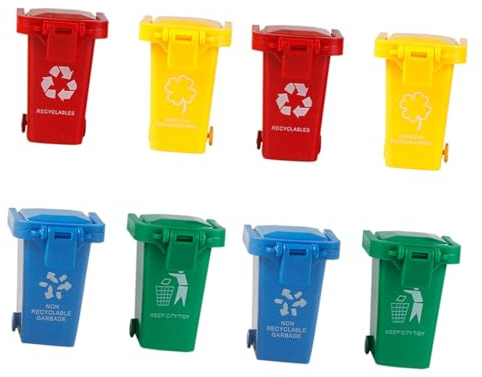 ERINGOGO Lot de 8 Poubelles Jouets en Plastique Coloré Couvercle Rabattable et Fonction Glissante, Mini Poubelle Éducative pour Garçon et Filles, Jeu de Tri des Déchets et Sensibilisation