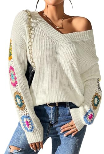 Damer överdimensionerad v-ringad stickad tröja virkade ärmar casual tröja | Mjuk, gosig, löst sittande tröja med V-ringning och virkade ärmdetaljer. Resor Casual Layering