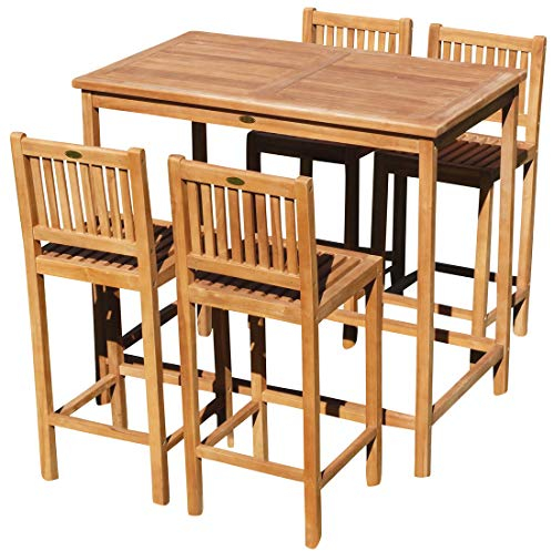 ASS ALEOS. XXL BAR-Set - Teak Bartisch Bistrotisch Stehtisch 120x70cm mit 4X Barhocker Holz Modell: JAV-BIMA-SET120+4