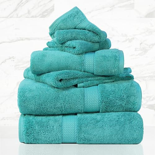 Superior Egyptian Cotton 800 GSM Towel Set, Includes 2 Bath Towels, 2 Hand Towels, 2 Face Towels, Luxury Plush Bathroom Essentials, Ultra Thick, Spa, Shower, Guest Bath, Apartment, Home, Turquoise