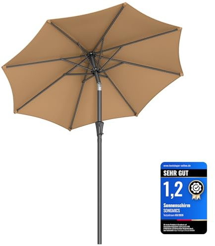 SONGMICS Ombrellone da giardino 210 cm, protezione solare UPF 50+, Ombrellone, Inclinazione 30°, con manovella, per terrazza, balcone, piscina, senza supporto, tortora GPU202K01