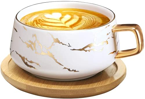 VETIN Cappuccino Tassen mit Unterteller, Tasse Marmor, 300 ml Espressotassen aus Porzellan für Tee Kaffee Cappuccino, Kaffee-Tassen mit Holzscheibe (Weiß)