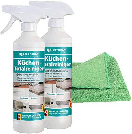 HOTREGA Küchen Totalreiniger 2x 500 ml inkl. Microfasertuch Micro Star - Küchenreiniger, Herdreiniger, Arbeitsplattenreiniger