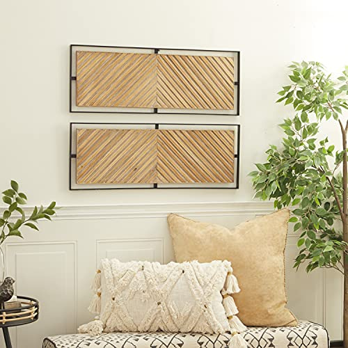 Deco 79 Wooden Geometric Home Wall Decor Linear Carved Wall Sculpture with Black Frame, Set of 2 Wall Art 32W, 12H, Brown