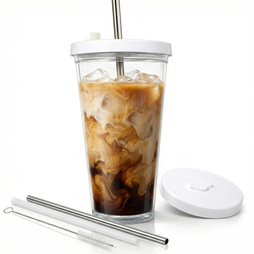 Reusable Iced Coffee Cup with Lid and Straw, 16 oz/Grande, BPA-Free Double-Wall Insulated Plastic Tumbler for Cold Drinks, Includes Clear Plastic Straw, Stainless Steel Straw and Cleaning Brush, White