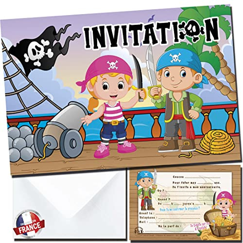 Lola et Louis (L&L) 10 cartes invitation anniversaire en Français • 10 enveloppes • Thèmes Pirate, Chasse au Trésor, Corsaire • Cartons pour inviter filles et garçons