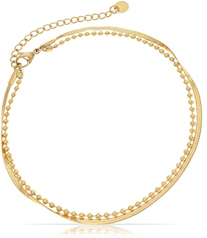 Edelstahl Damen Fußkettchen mit starkem Karabiner-Verschluss - im angesagten Schlangen-Design - Frauen Fußkette Gold oder Silber - Mädchen Fußschmuck - Geschenk für Sie (Gold Perlen)