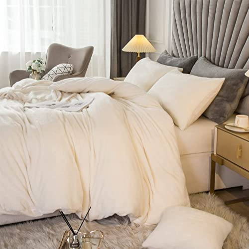 Michorinee Winter Plüsch Bettwäsche Set 200x200 Cashmere Touch Flauschig & Warme Coral Fleece Uni Bettbezug mit Reißverschluss - Creme Weiß | 200 x 200 cm + 2 x 80 x 80 cm