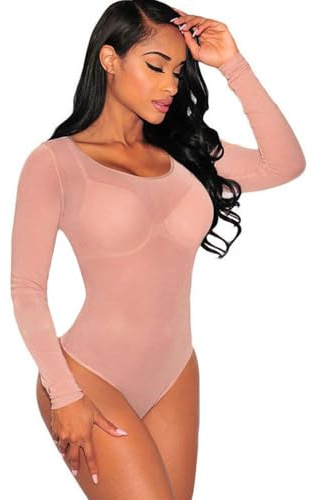 BKEPDY Body Femme Sexy Manches Longues High Stretchy Maille Transparente Col Rond Jumpsuit Bodysuit Leotard Tops Club Party Bodycon