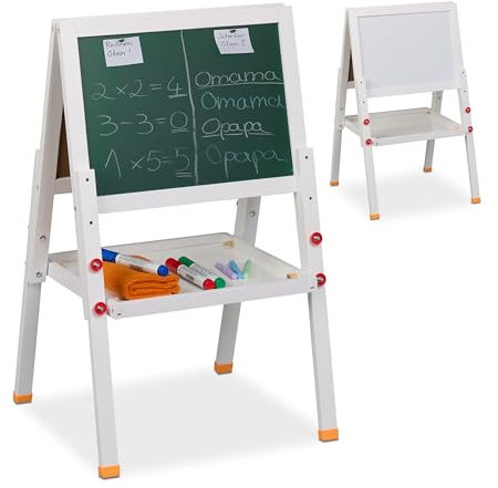 Relaxdays Kinderstandtafel, beidseitig magnetisch, höhenverstellbar, HBT 77x39x44,5 cm, Whiteboard & Kreidetafel, weiß
