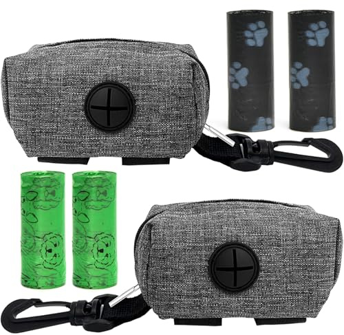 2 PCS Poo Bag Holder for Dogs Lead, Poop Bag Holder, Includes 4 Rolls of Dog Waste Bags, Unbreakable Poo Bag Holder for Dogs Lead with Carabiner Clip for Most Standard Dog Waste Bag (Grey)