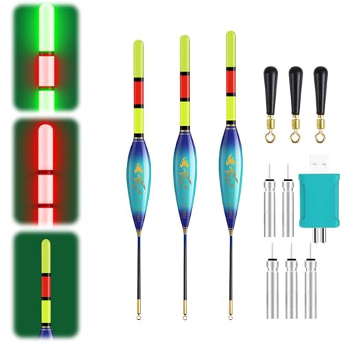 Xevinas 3 Stück Led Posen Angeln Mit Bissanzeiger, 4g/5g/6g Angelposen Mit Smart Farbwechselfunktion, Batterie Ladegerät Und 5 CR425, Knicklichter Angeln Zum Angeln Am See, Fluss Oder Teich