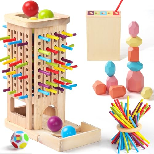 Zeewoo Montessori Toys for 3 Year Old Fine Motor Skills Toys for 5 Year Old Wooden Board Game - Educational Toys with Colorful Sticks, Dice & Stones, Family Game Gifts for Age 4 5 6 7 8 Boys Girls