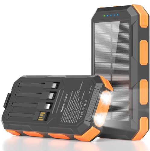 Solar Charger Power Bank 38800mAh, PD 22.5W USB-C Fast Charging Portable Charger with 4 Built-in Cables, External Battery Pack with Dual LED Emergency Flashlights for Camping, Hiking, Outdoor Use