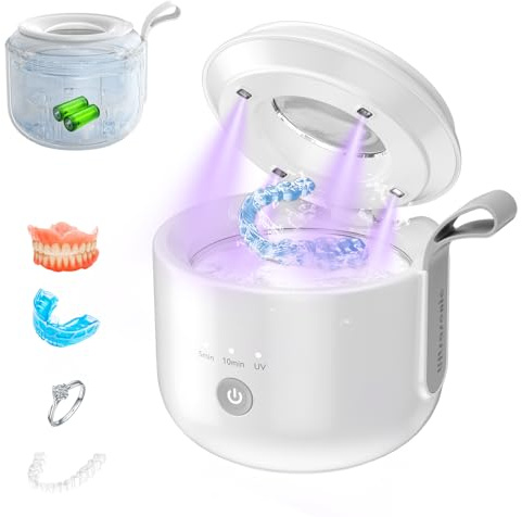 JeaTone Pulitore Ultrasuoni, 48kHz Portatile Pulitore Ultrasuoni Apparecchio Denti con Luce UV, 200ML Dental Cleaner Pod a 3 modalità per Protesi, Bite, Allineatori, Testine Spazzolino e Gioielli