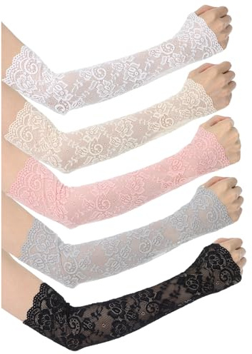 Abeillo 5 Pairs Lace Arm Sleeves Women's Fingerless Arm Sleeve Floral Hollow Arms Cover Warmer Elbow Length Lace Sleeves to Cover Arms for Women