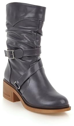 GHSIRUEU Stivali metà Polpaccio Donna Punta Arrotondata Cerniera Retro Biker Stivali con Fibbia,Grigio,37 EU