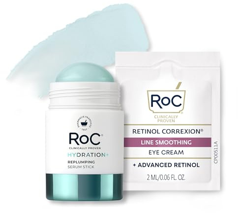 RoC Hydration+ Replumping Serum Stick, Fragrance-Free, Hydrating And Cooling Hyaluronic & Peptide Formula To Boost Elasticity And Visibly Smooth Aging Skin, With Line Smooth Eye Cream Packette, 0.7oz