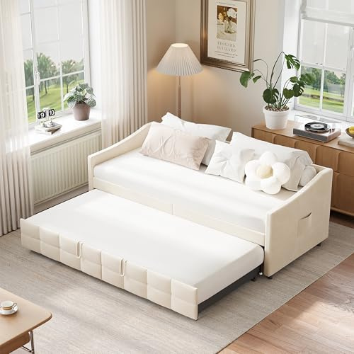 Aneutr Sofá cama convertible 90 x 200 cm, cama doble extensible, sofá cama doble, marco de madera maciza, tela de terciopelo