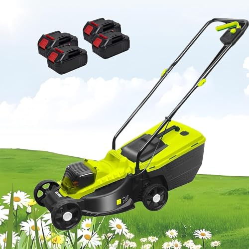 Cortacésped inalámbrico, motor sin escobillas de 40 V, 3400 RPM, hoja de acero al manganeso de 13 pulgadas, ajuste de altura de corte de 3 posiciones, incluye 2 baterías