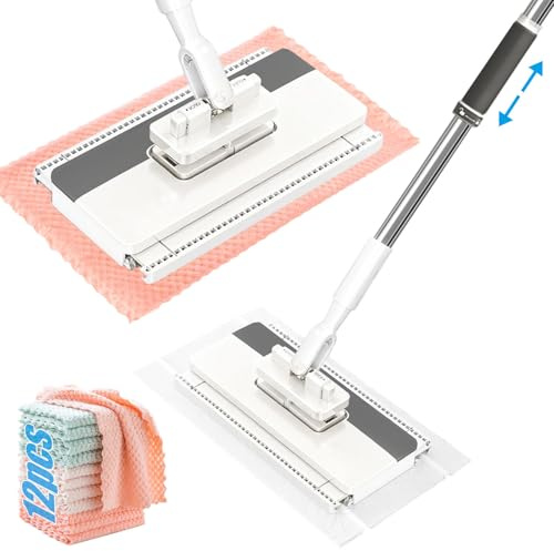 Mocio con Sistema di Bloccaggio a Pressione, Mocio Lavapavimenti con Clip,con 12 Ricambio Panno, Mop Rotante a 360°, Mini Mo-cio con Cambio Automatico per Pulire i Pavimenti, Armadi