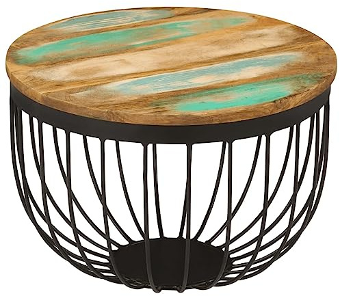 Kaorsrow Table basse ronde Ø 50 x 35 cm en bois vieilli massif et panier en acier | Table d'appoint industrielle pour votre salon. La table de canapé ronde en osier offre un plateau stable pour la décoration.