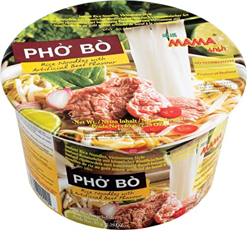 MAMA Instant-Bowl-Reisnudeln Pho Bo mit Rindfleischgeschmack – Instantnudelsuppe orientalischer Art – Authentisch thailändisch kochen – 6 x 65 g