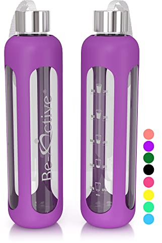 Be-Active Glasflasche - Trinkflasche aus Glas BPA-frei Borosilikatglas Wasserflasche mit Silikonhülle - 550ml, 1000ml