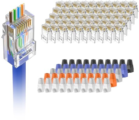 VCELINK Paquete de 50 Conectores RJ45 CAT6, 8P8C Pasante Chapados en Oro Clavija RJ45 con Protectores contra tirones Pass Through, Compatible con T568A/T568B