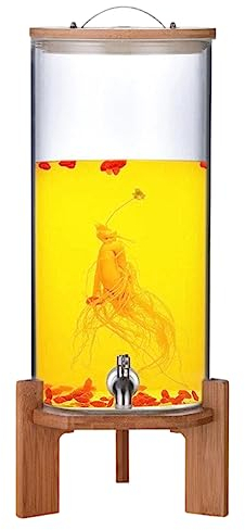 WYJRO Dispensador De Bebidas De Cristal,Dispensador De Bebidas De Vidrio Botella con Grifo Soporte Y Tapa De Madera para Bebida Caliente O Fría - Garrafa De Agua,Faucet+Base,10L