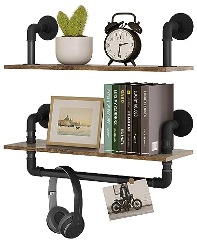 EUGAD Wandregal 60cm 2er Set, Hängeregal mit Handtuchhalter, Industrielles Design, Holzoptik Vintage, Platzsparendes Schweberegal für Küche/Bad/Wohnzimmer, Einfache Montage, 0312QJ