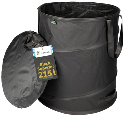 TTL Garden BLACK SUPERIOR 215L Pop Up Gartensack - DOPPELTER BODEN 260gsm extra stabil 600D Oxford 215 Liter Gartenabfallsack Laubsack faltbar Grünschnitt Garten Abfall selbstaufstellend