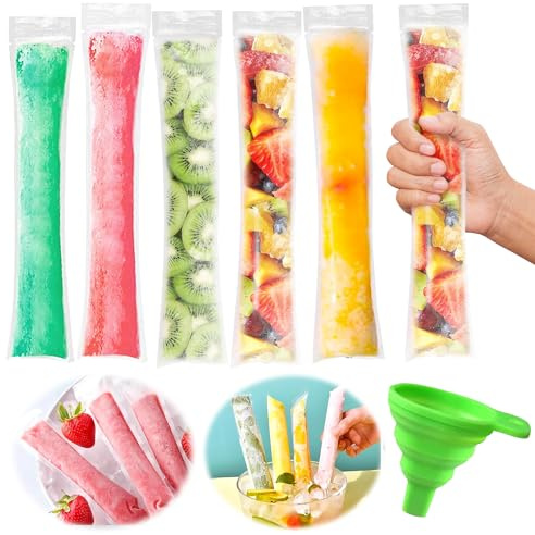Sacchetti per Ghiaccioli, 200 pezzi Sacchetti per Ghiaccioli Usa e Getta con Imbuto, Senza BPA, Sacchetti per muffe Ice Popsicle per Congelare Snack Yogurt Frullati Gelato Party