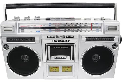 Reproductor de cintas de CD Retro Boombox, estilo clásico de los años 80, Boombox de casete portátil, compatible con entrada SD/USB, con radio AM/FM, para viajes de reuniones familiares,Silver